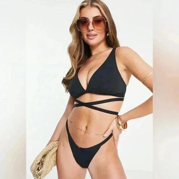 Never worn Wolf @whistle 2piece triangle black hi cut strappy sexy bikini UK10/M - Picture 1 of 5